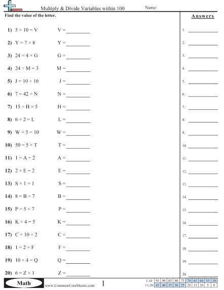 3.oa.7 Worksheets - Multiply & Divide within 100 worksheet